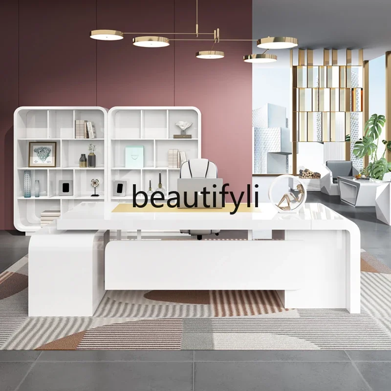 ss Asmt14 Boss Desk مجموعة مكتب تنفيذي بسيط وحديث راقي مدير ورنيش أبيض مشرف مكتب كبير #2