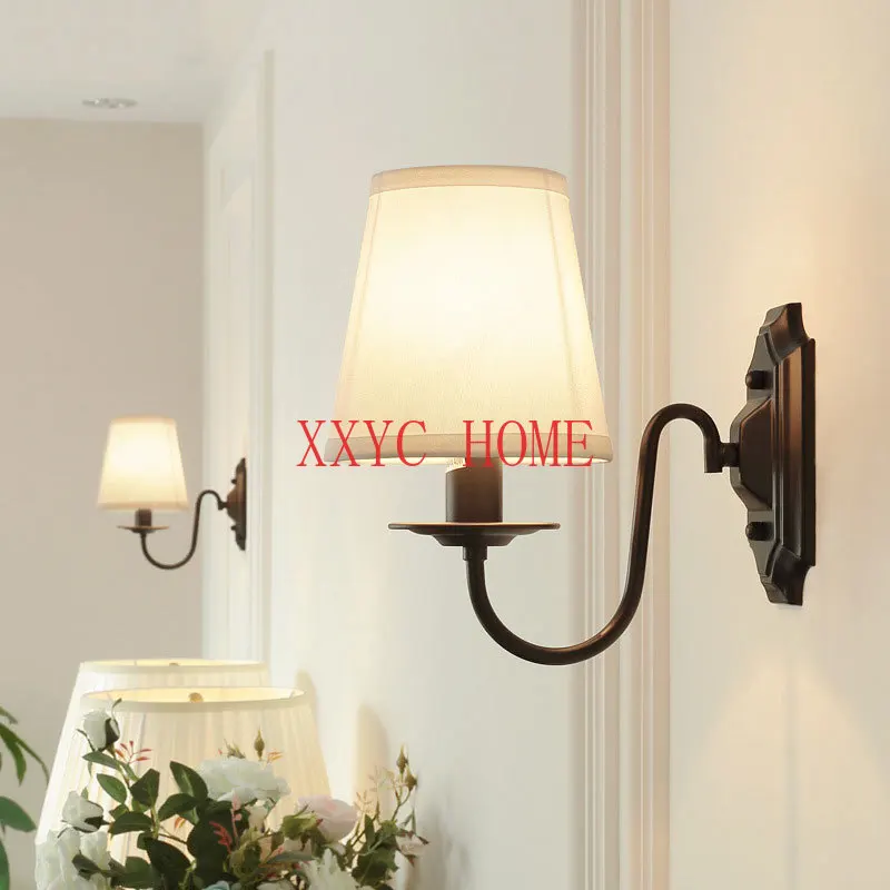 

American Iron Fabric Wall Lamp European Living Room Bedroom Bedside Hotel European Study E14 Black Wall Light Sconce