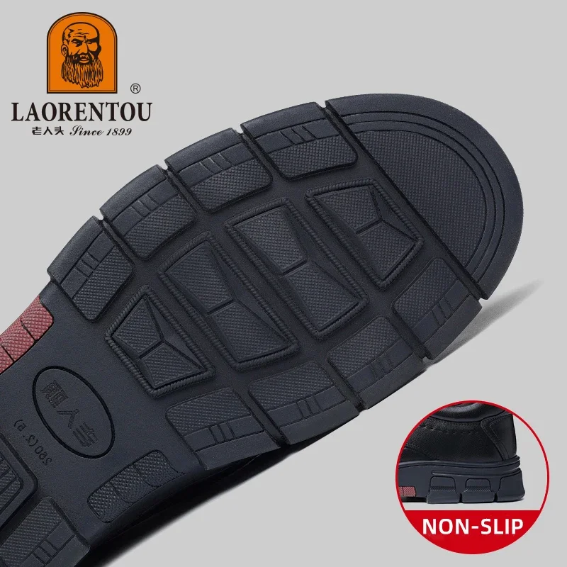 LAORENTOU cowhide breathable business casual leather shoes with thick soles and wear-resistant round toe black leather shoes