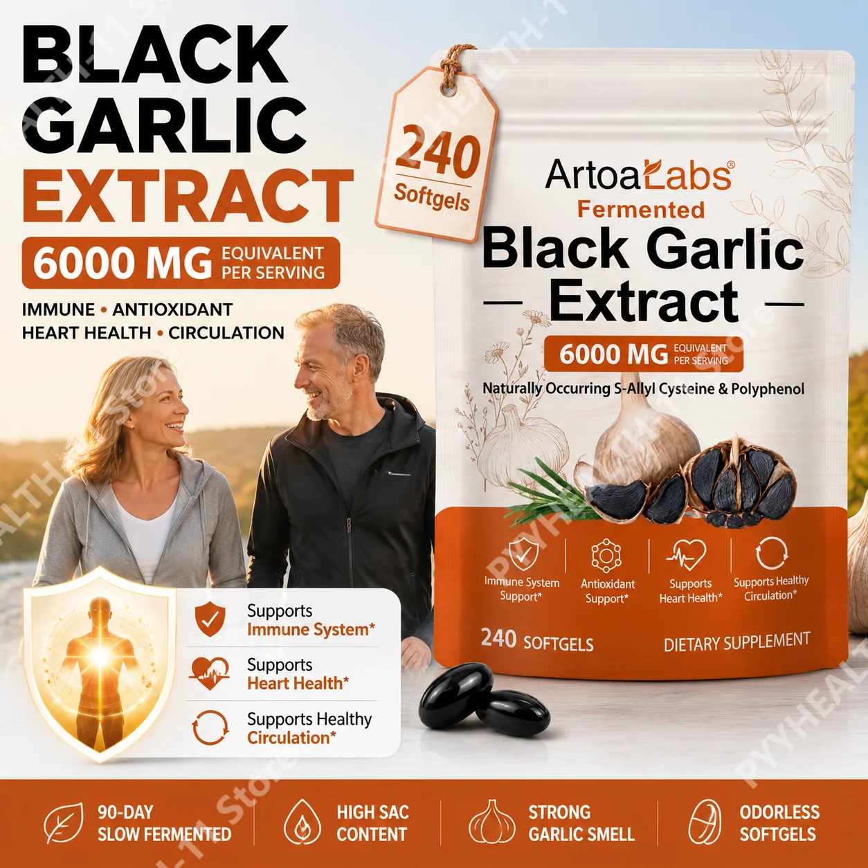 ArtoaLabs Fermented Black Garlic Extract Softgels,Promotes digestion,combats fatigue,provides antioxidant benefits,240 softgels