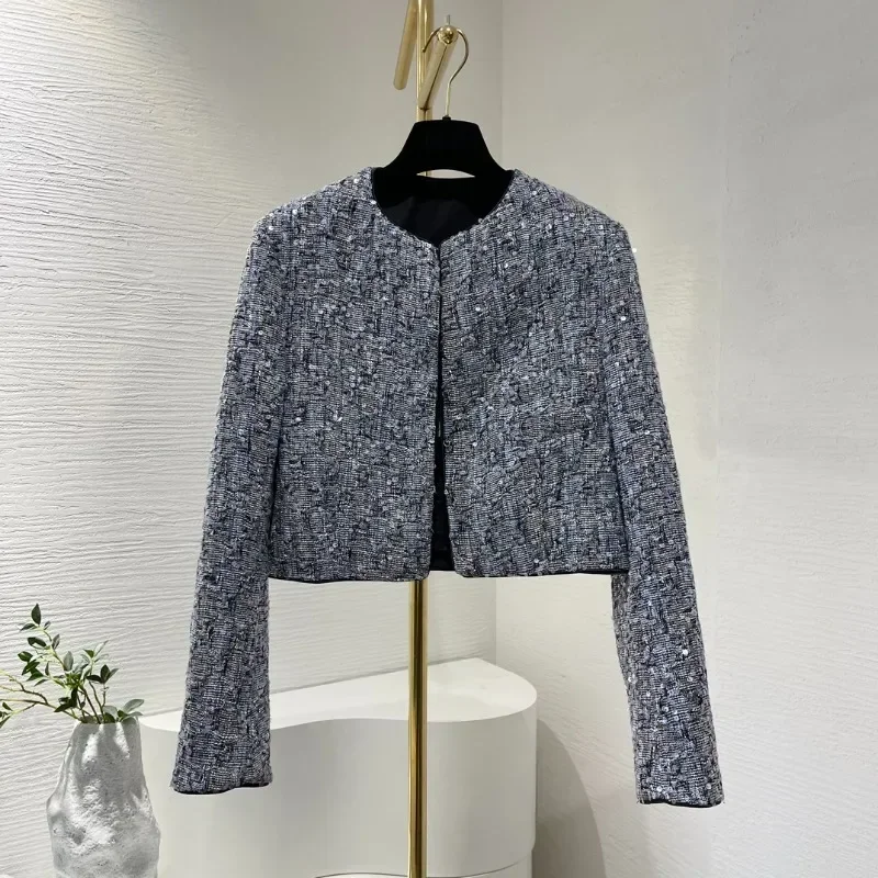 Sequined Tweed Jacket for Women, Long Sleeve, Grey and Blue, Top Quality, Office Lady, 2024 Fashion