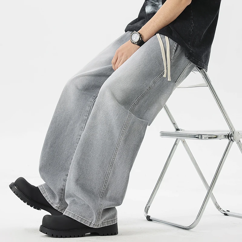 

2025 New Cement Grey Jeans Men's Fashionable Street Y2K Loose Wide Leg Pants Washed Baggy Straight Leg Denim Pants 6 Colors