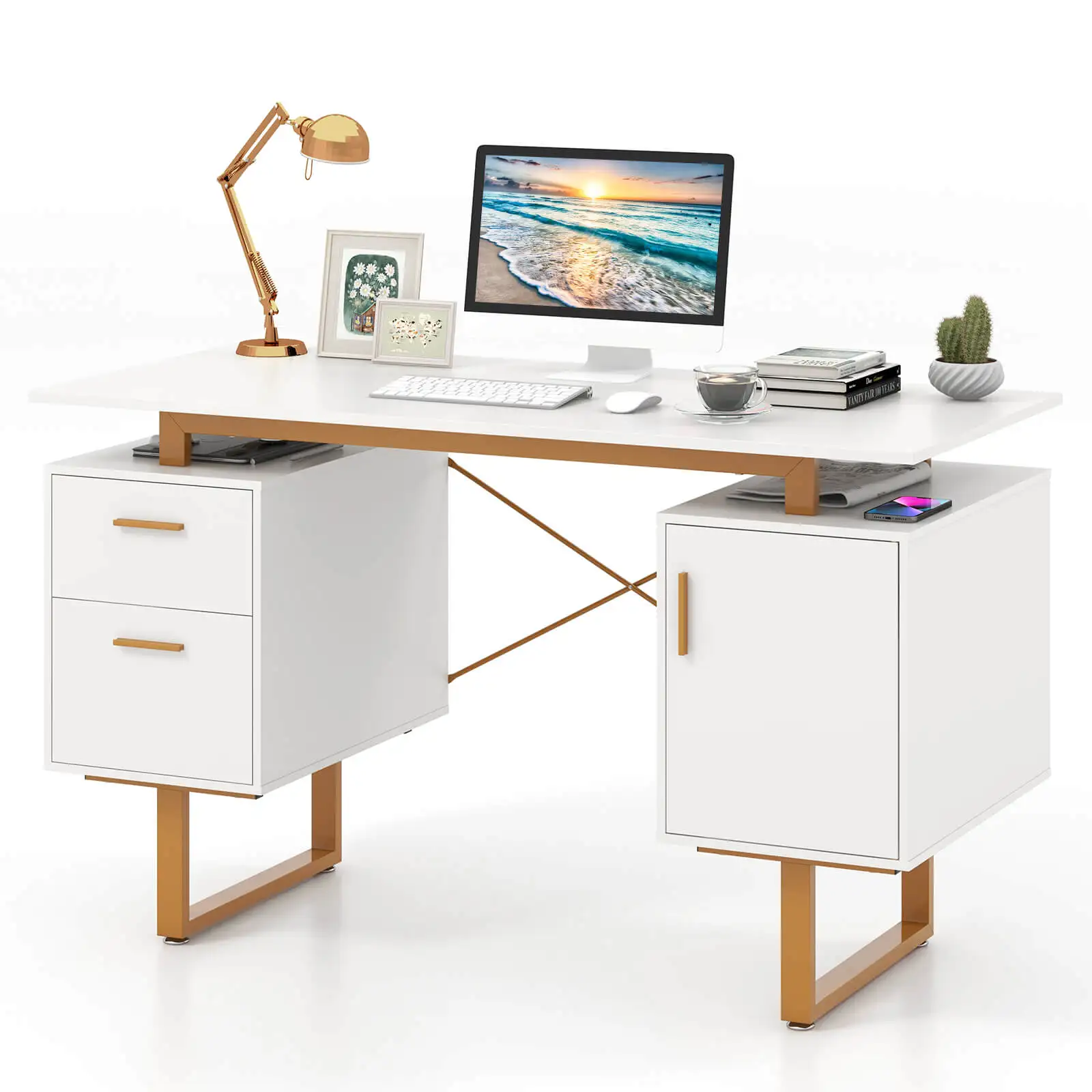 51 "Home-Office-Schreibtisch mit schwimmendem Desktop-Schrank mit zwei Schubladen und Metallrahmen