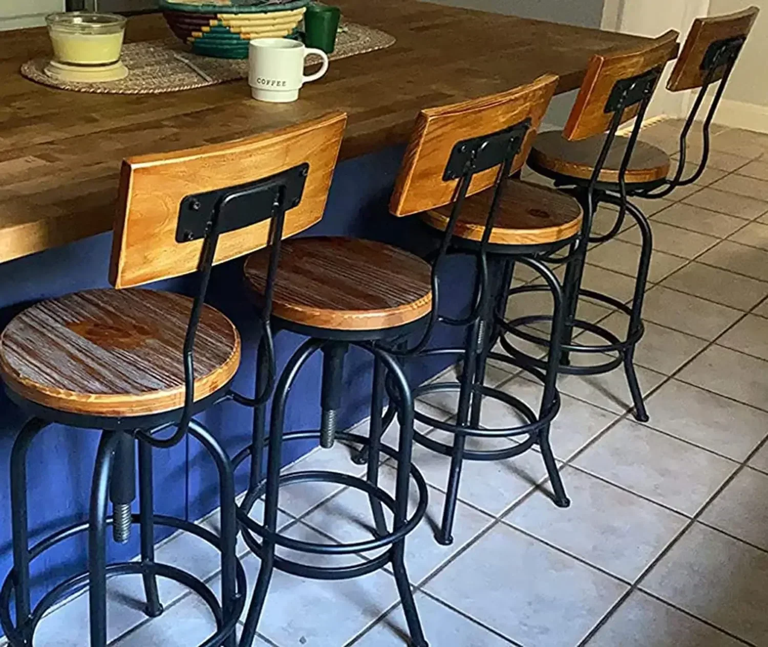 Industrial Bar Stool, Adjustable Swivel, Round Wood, Metal Kitchen  Rustic Farmhouse Counter Height, Extra Tall Bar, 26-32