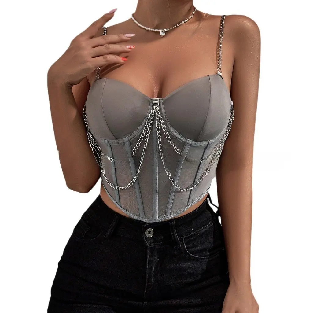 

Summer Street Style Mesh Transparent Deep V Backless Chain Sling Top for Women European And American Fashion A986