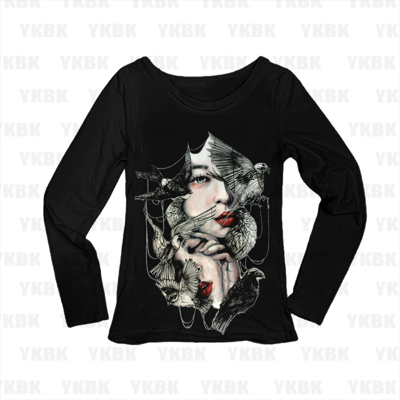 Surreal Woman Face Birds Strings Art Graphic Print Women Long Sleeve T‑Shirt Slim Fit Aesthetic Ladies Tops