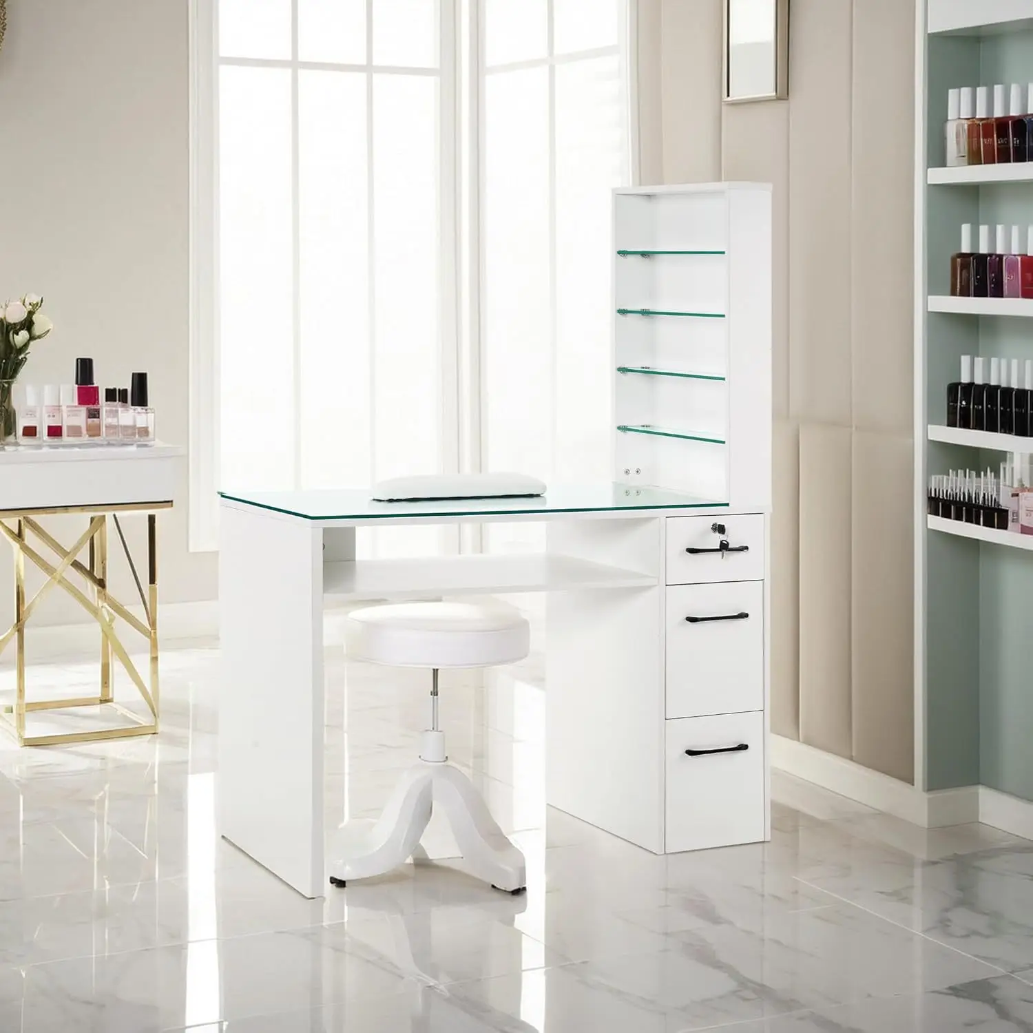 Customized manicure table with drawer storage rack, professional manicure technician manicure table in beauty salon