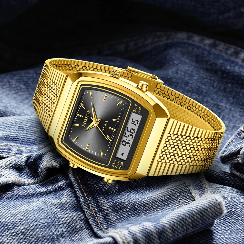 Foxbox Fashion Golden Steel Strap Quartz Sport Watch Men Dual Time Week Display Digital Wristwatch Waterproof Clock Reloj Hombre