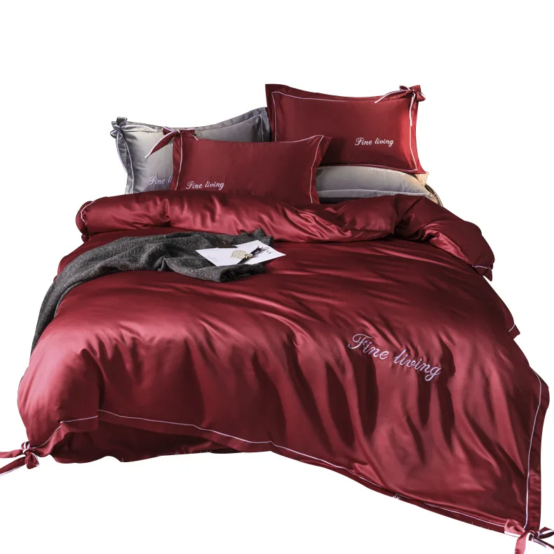 Wine red embroidered ice silk four piece set ins minimalist wedding duvet cover double-sided washed silk bed sheet bedsheet