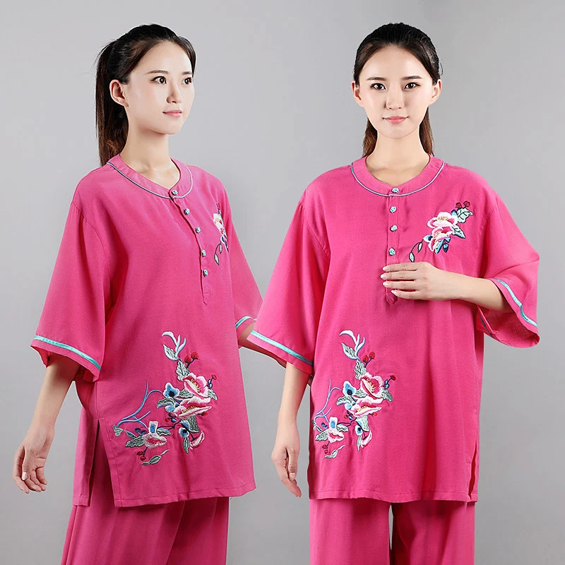 Women's Summer Peony Embroidered Cotton Linen Tai Chi Suit - Short Sleeve Martial Arts Practice Training Set