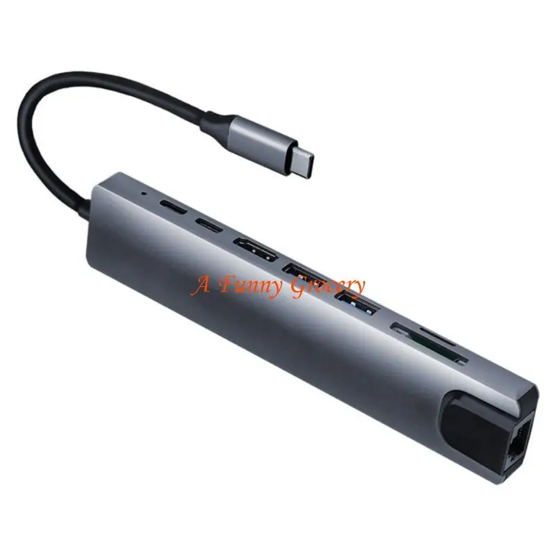 652E 8 1 Card Reader Dongle Donking Station com Gigabit Ethernet USB Port Type-C Converter