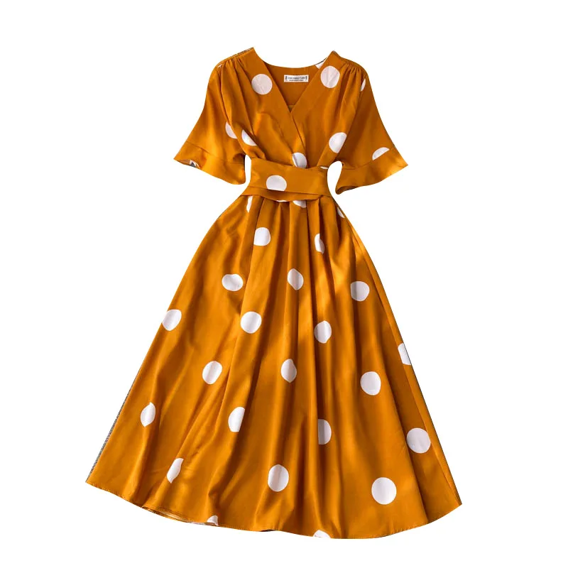 

2025 New Vintage Elegant Sweet Bandage Dot V Neck Dress Y2K French Style A- Line Chic Casual Beach Vacation Women Summer Dresses