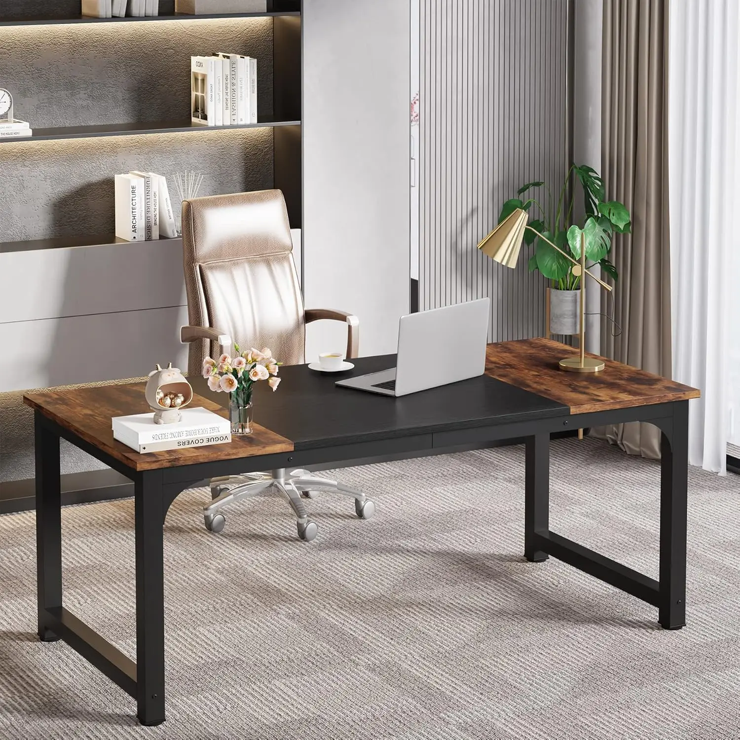 Mesa de escritório executiva grande para computador de 63 polegadas, marrom + preto