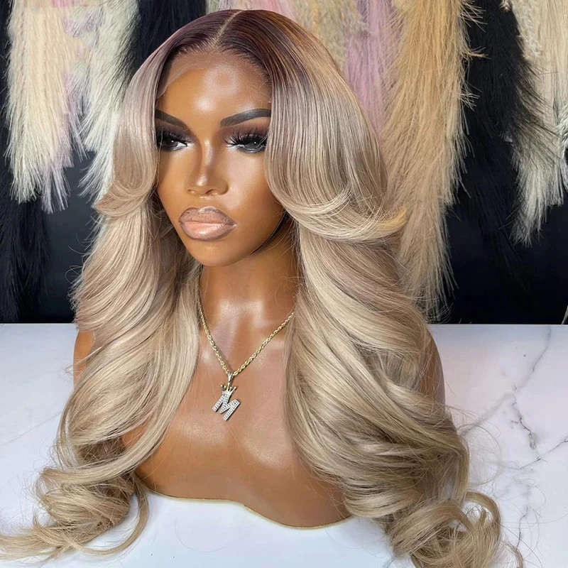 Ombre Blonde Light Brown Roots Body Wave Synthetic Hair Lace Frontal Wig For Women Glueless Fiber Hair Transparent Lace Wigs