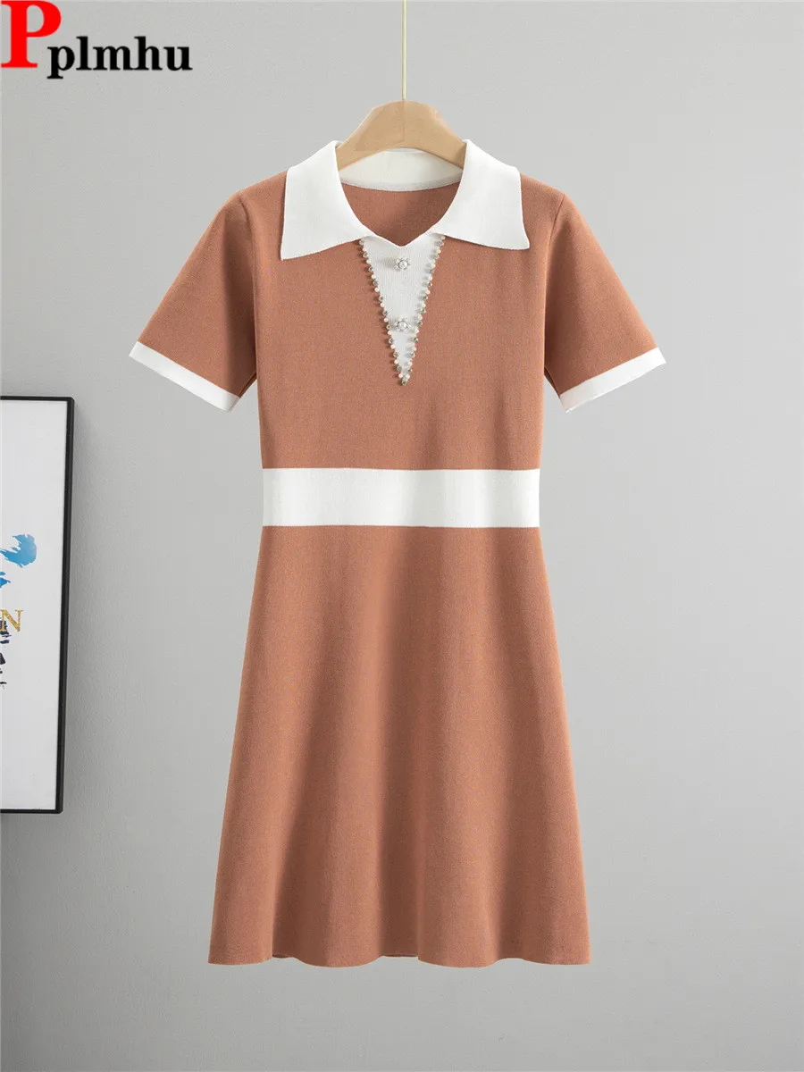 

Korean Elegant New Knitted Dress Women Chic Design Knitwears Short Sleeve Slim Vestidos Summer Thin Fashion Lapel Neck Dresses