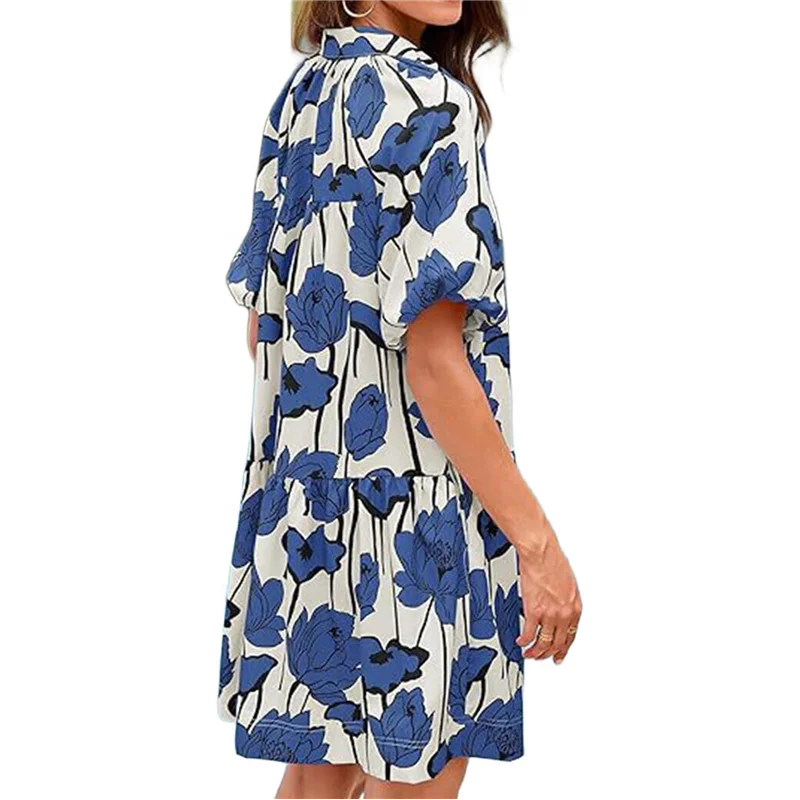 A83F-Vestito camicia abbottonato estivo da donna Mini abiti da spiaggia casual a maniche corte con sbuffo floreale