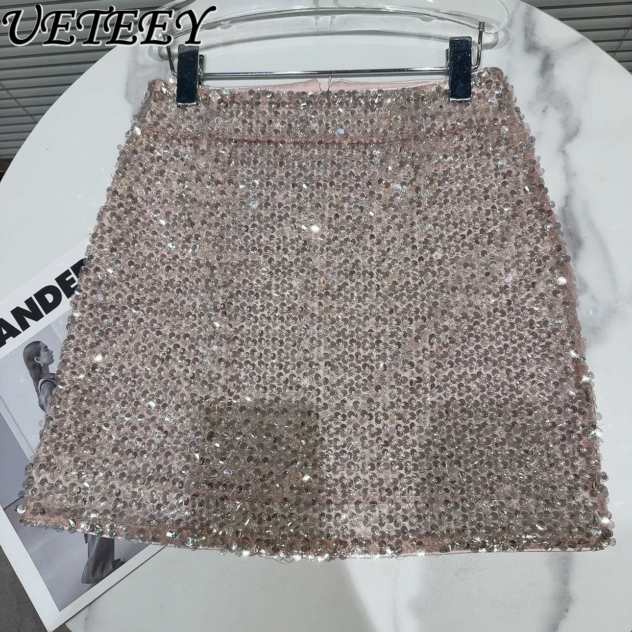 Autumn New Catwalk High-waisted Zipper Mini Skirt Celebrity Pink Bead Light Luxury Sexy Short A-shaped Skirts for Women