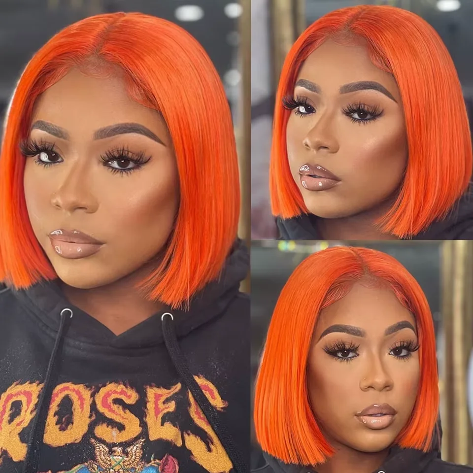 

200% Density Short Bob Wig Bone Straight Dark Orange Colored Lace Frontal Wigs Human Hair Transparent Lace Front Wig For Women