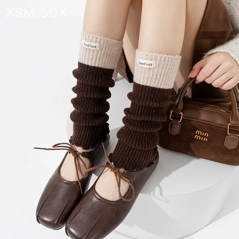 Women's Fall and Winter Wool Sock Covers - Color-matched Knitted Merlot Long Stockings with Thick and Warm Calf Sleeves