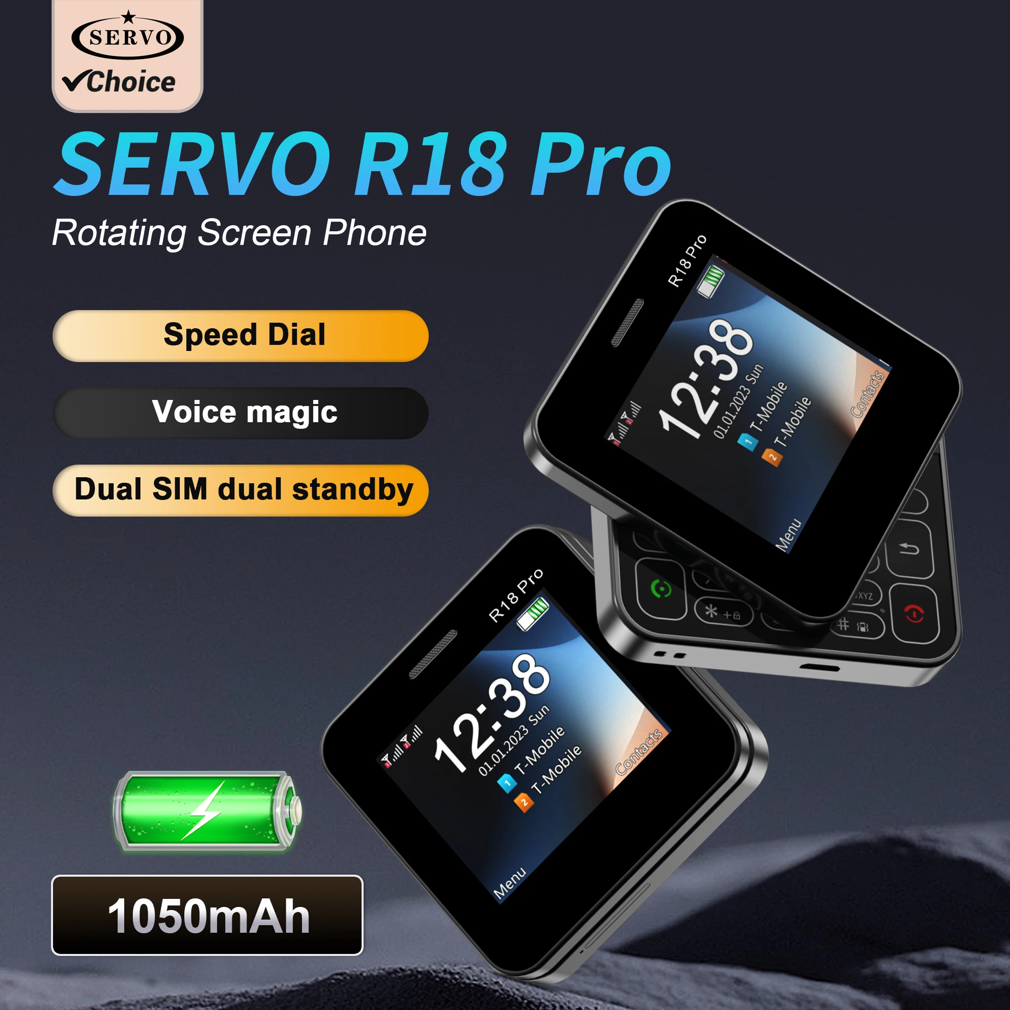 سيرفو R18 برو 90 °   شاشة دوارة هاتف محمول صغير كاميرا مزدوجة SIM قائمة سوداء قرص سريع صوت سحري 2G هاتف محمول منزلق جانبي