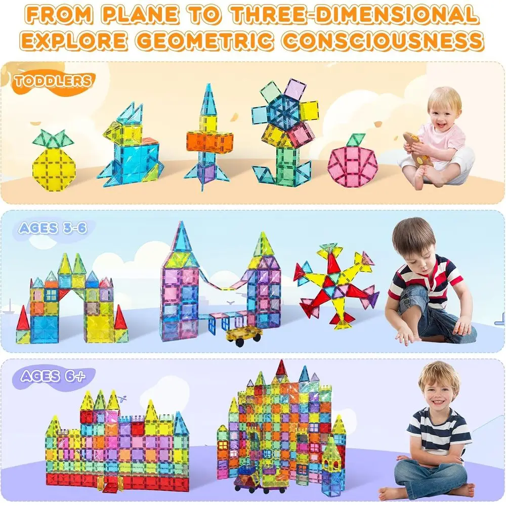 130-Piece Magnetic Building Blocks Set with 2 Cars, 4D Diamond Shapes, STEM Toys for Kids Ages 3-8
