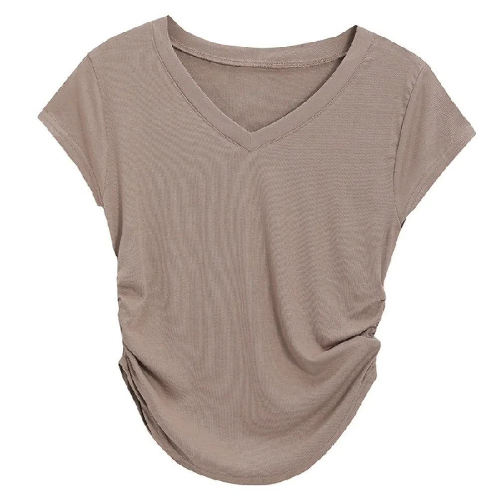 

Sweet Pleated Short Sleeve T-shirt Slim Fit Chic Y2K Crop Top Women Bottoming Shirt Simple V-neck Tees Top Streetwear