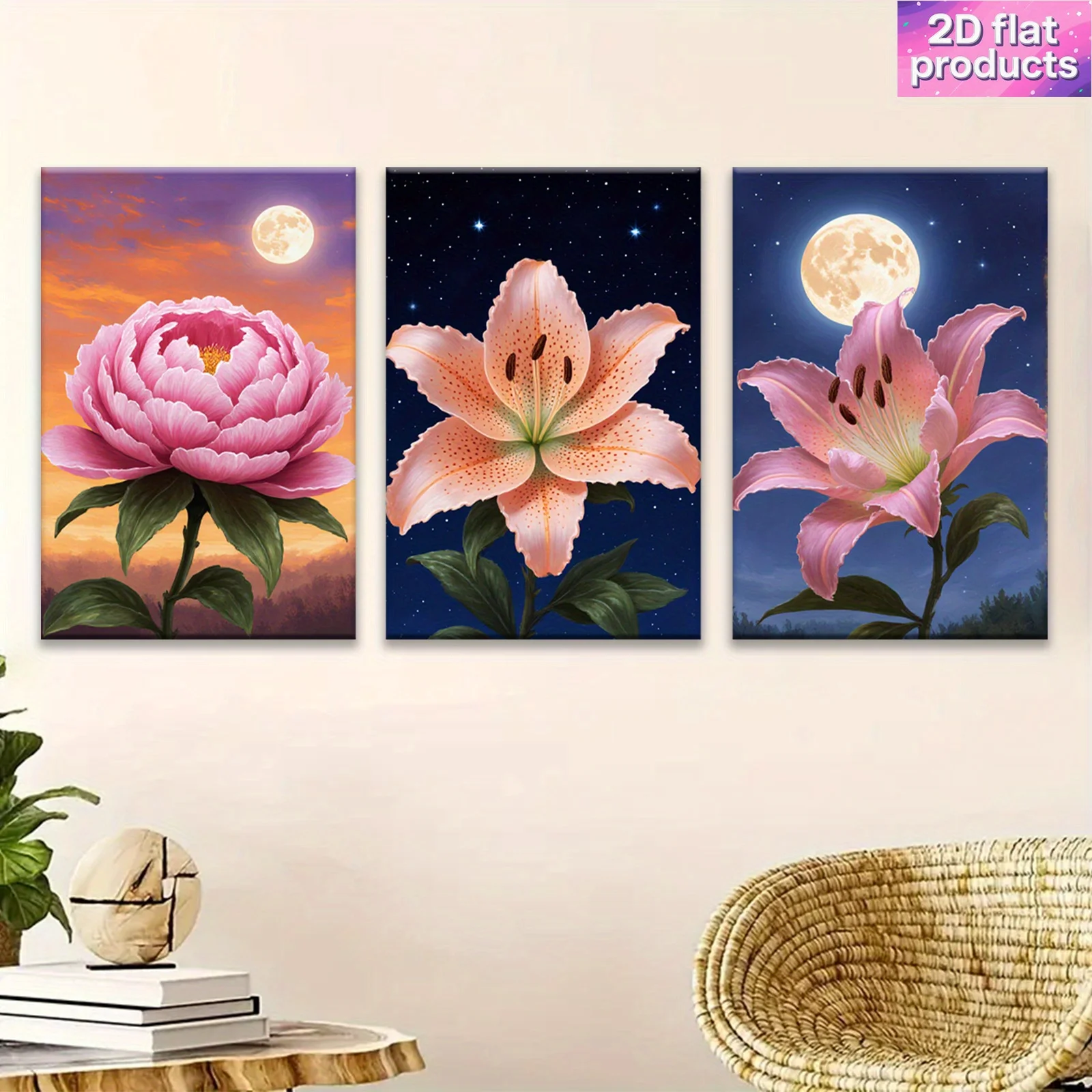 Frameless 2D Flat, 3pcs Moonlit Blooms Peony Lily Flower Wall Art Set - Pink & White Botanical Triptych Prints with Wrapped W
