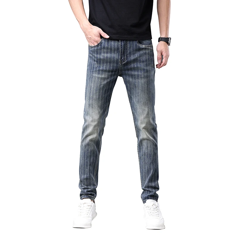 Vintage Blue Line Printed Jeans Men's Slim Straight Stretch All-Matching Street Fashion Casual Skinny Pants