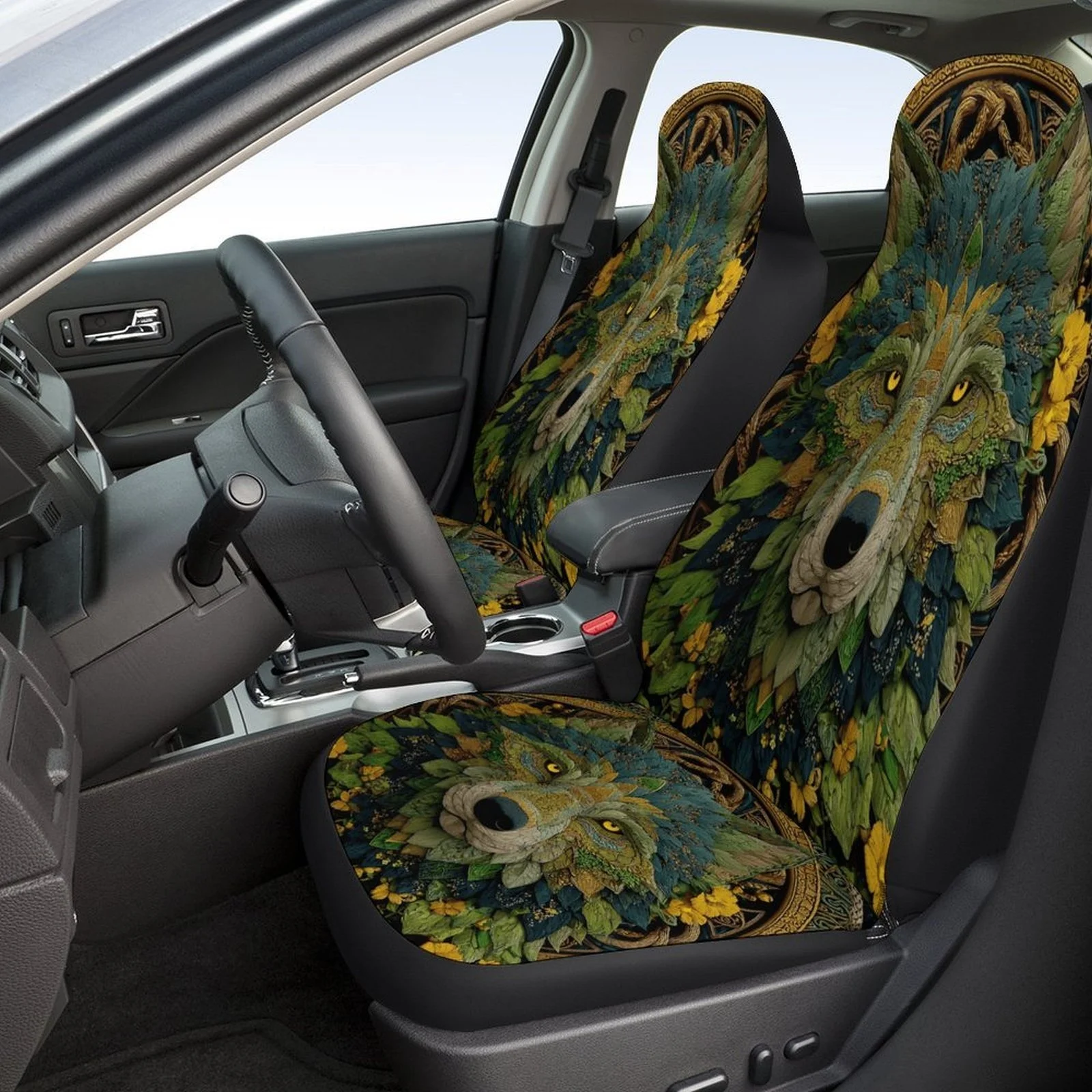 Wolf Floral Portrait Designed Car Seat Cover Set For Most Cars, Trendy Novelty High-quality Car Seat Protector Covers Full Set,