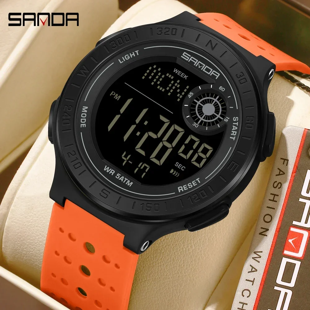 SANDA New Luxury Men's Sports LED Digital Wristwatch 50M Waterproof Luminous Stopwatch Multi‑Function Electronic Watch
