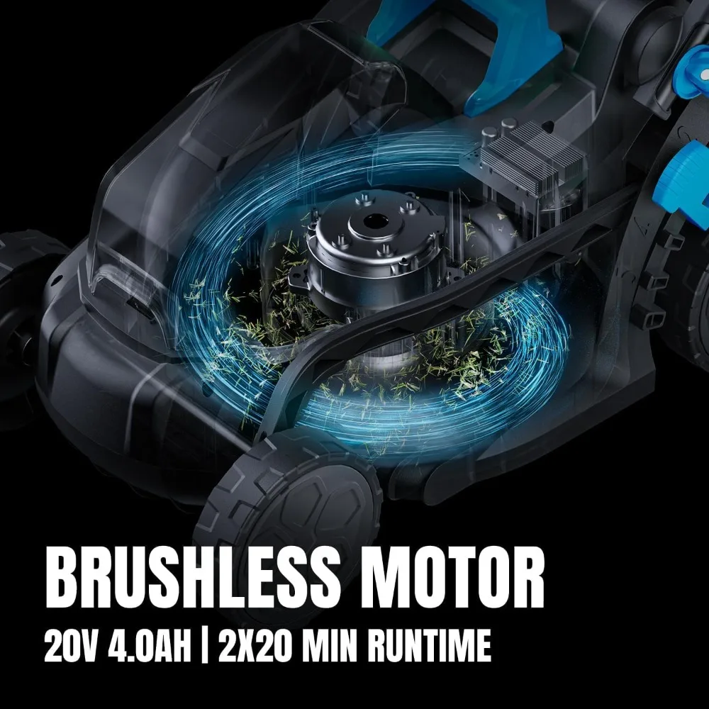 Kabelloser elektrischer Rasenmäher mit bürstenlosem 20-V-Motor, 13,2 Zoll, 5-Höhen-Einstelloptionen, 2 x 4,0 Ah Batterie im Lieferumfang enthalten