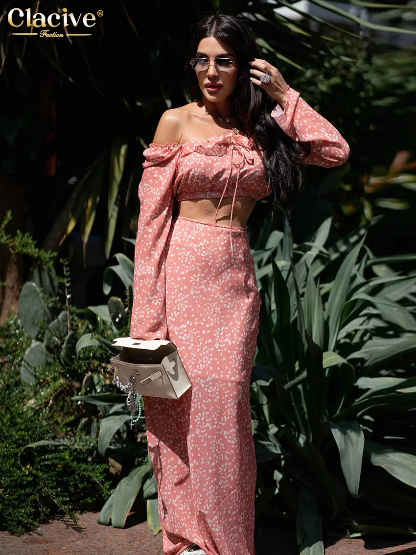 Claciveแฟชั่นหลวมพิมพ์ผู้หญิง2ชิ้นชุด2025เซ็กซี่แขนยาวCrop TopเอวสูงกระโปรงMaxiชุดStreetwear