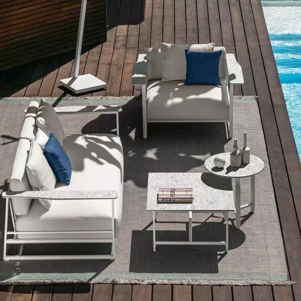 أريكة خارجية من الفولاذ المقاوم للصدأ، فيلا حديقة صغيرة حديثة بسيطة وحديثة، شرفة خارجية، أثاث مقاوم للماء وواقي من الشمس #3