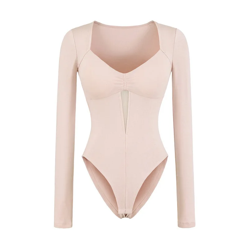 Square Neck Long Sleeve Bodysuit Women With Built In Bra Mesh Patchwork Hollow Out Design Stretchy Club Party