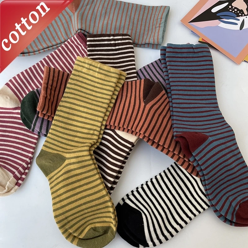 

5-парный комплект женских носков в корейскую полоску, простые универсальные носки контрастного цвета, удобные хлопковые носки с ворсом для девочек
