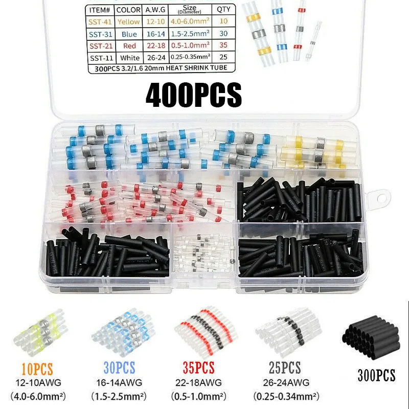 

400PCS Heat Shrink Solder Sleeve Seal Electrical Waterproof Insulated Wire Connectors Butt Terminals Cable Splice Automotive