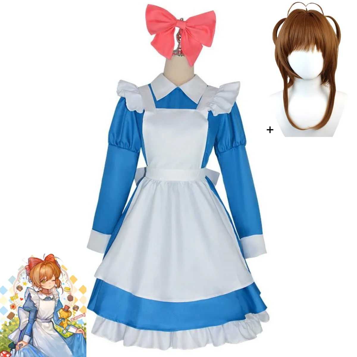 Anime Cardcaptor Sakura Card Captor Kinomoto Sakura Cosplay Costume Alice Blue Maid Dress Wig Woman Cute Kawaii Christmas Suit