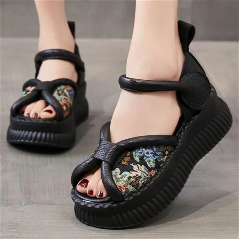 ZXRYXGS High-end Top Cowhide Embroidery Sandals Fashion Shoes 2025 New Summer Open Toe Women Wedges Sandals Increased Shoes