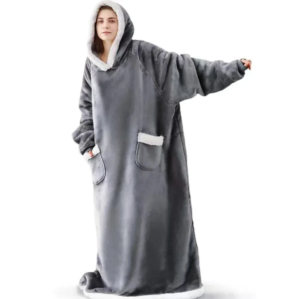 Super Long Flannel Blanket Pyjamas with Sleeves Winter Hoodies Sweatshirt for Women Men Pullover Fleece Giant Oversized Robe