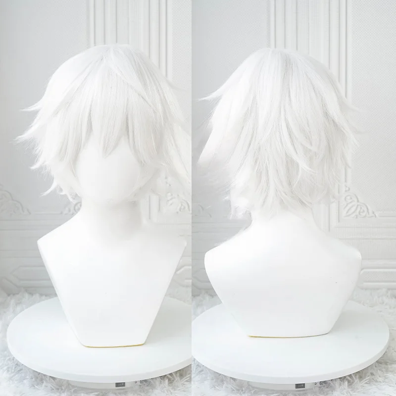 Anime Ken Kaneki Cosplay Wig - Short Style White Fluffy Wig Eye Mask Heat-Resistant Synthetic Fiber Party Performance Prop