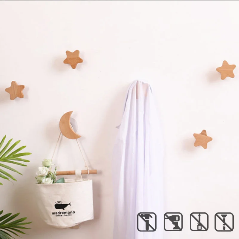 

1Pcs Solid Wood star moon Hook Beech Hanging Hanger Bathroom Wall Hook Bedroom Coat Storage Rack Home Towel Key Decoration Hook