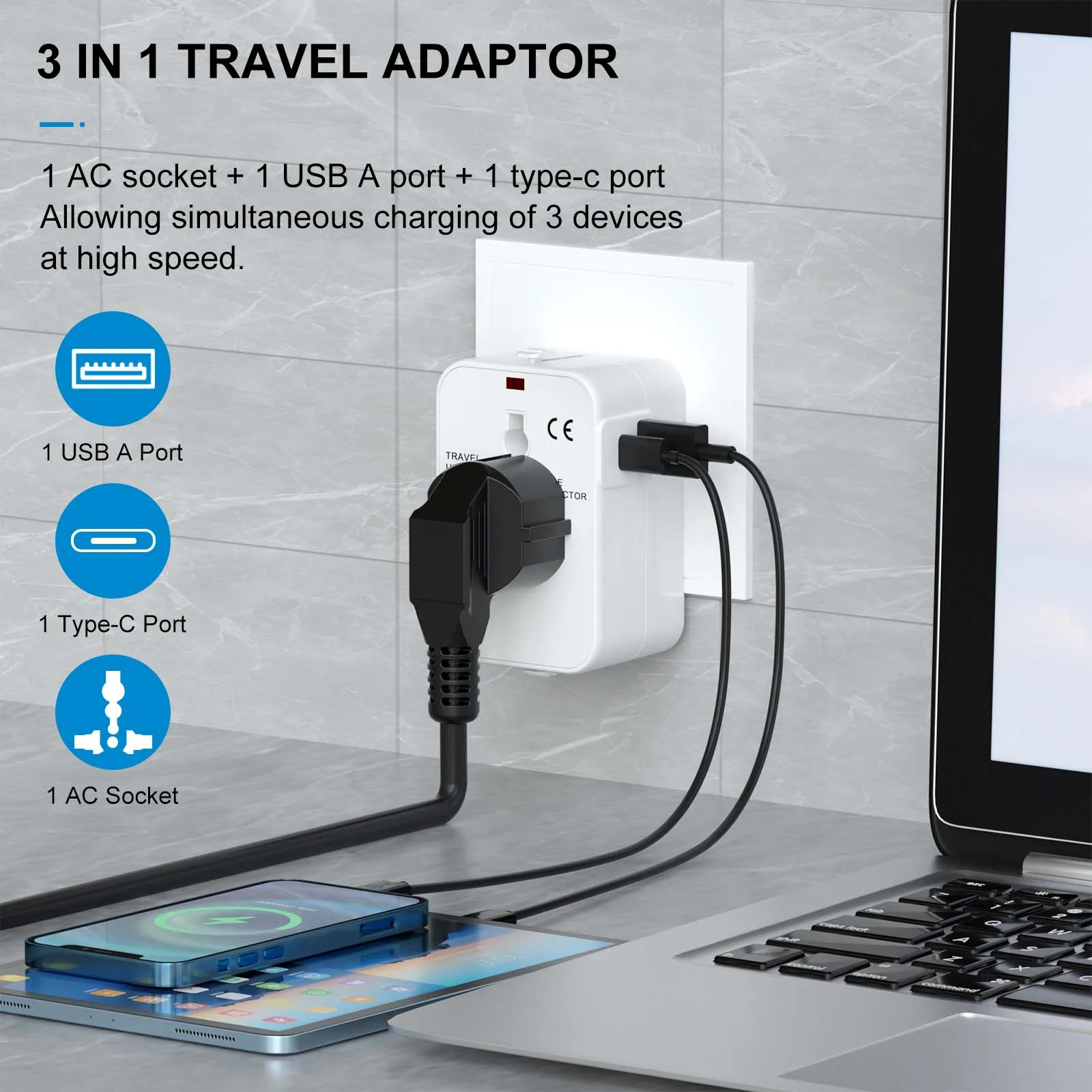 AU US UK EU Global Multifunction Convertible Travel Plug Adapter with 1 USB and 1 Tyep-c Port All-in-One AC Power Charger