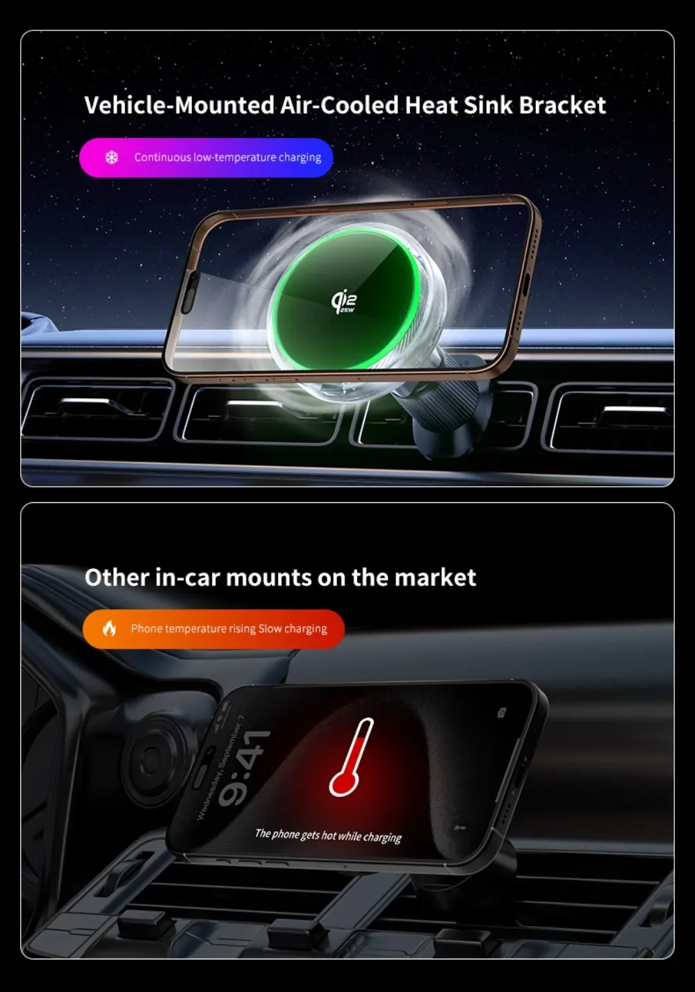 Luftgekühltes Auto-Qi2.2 25W Magnetisches Kabelloses Ladegerät mit RGB-Licht und Telefonhalterung für Magsafe iPhone 17 16 Pro Max Schnellladehalterung – Detail 7