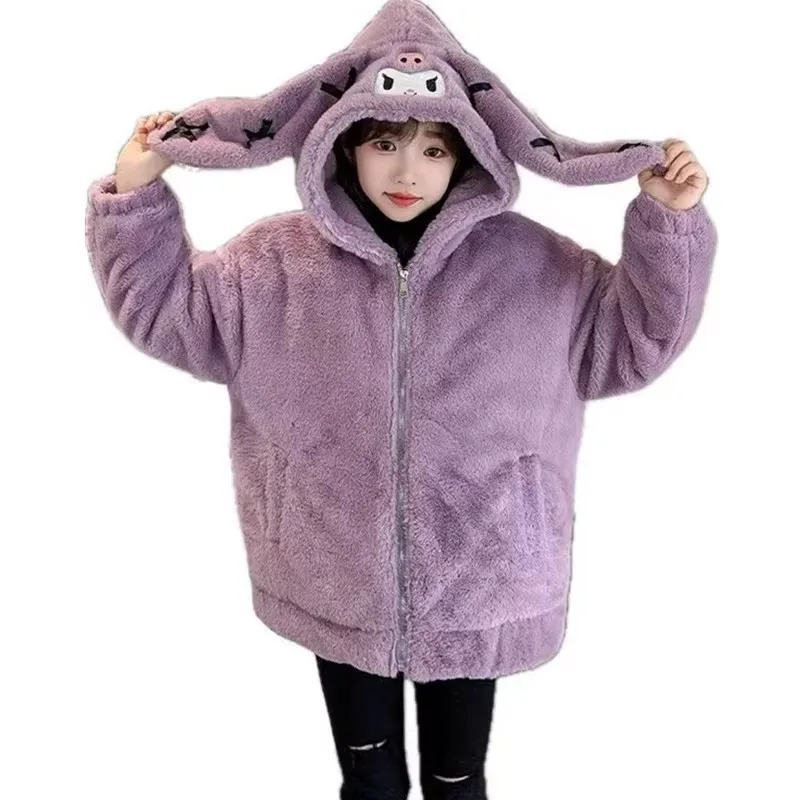 

Winter Kids Rabbit Ear Hoodie Jacket Coat For Girls Warm Top Clothing For Teenage Child Fashion Thicken Wool Blends Overcoat