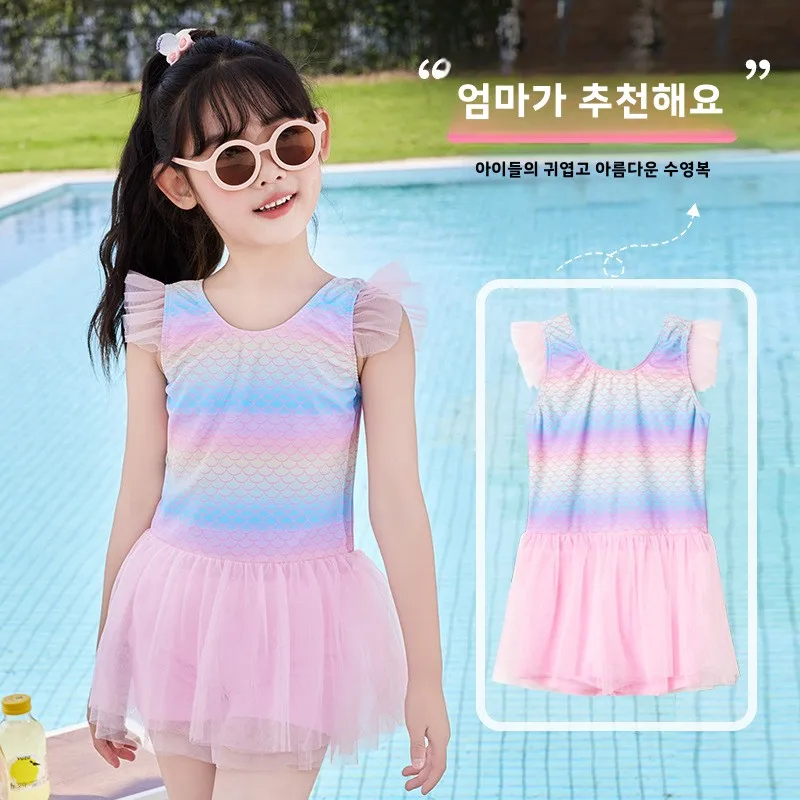 Children's One-Piece Swimsuit Princess Skirt Mesh Design Spring 2025 New Sle Korean Version  And Cute Swimwear for Girls
