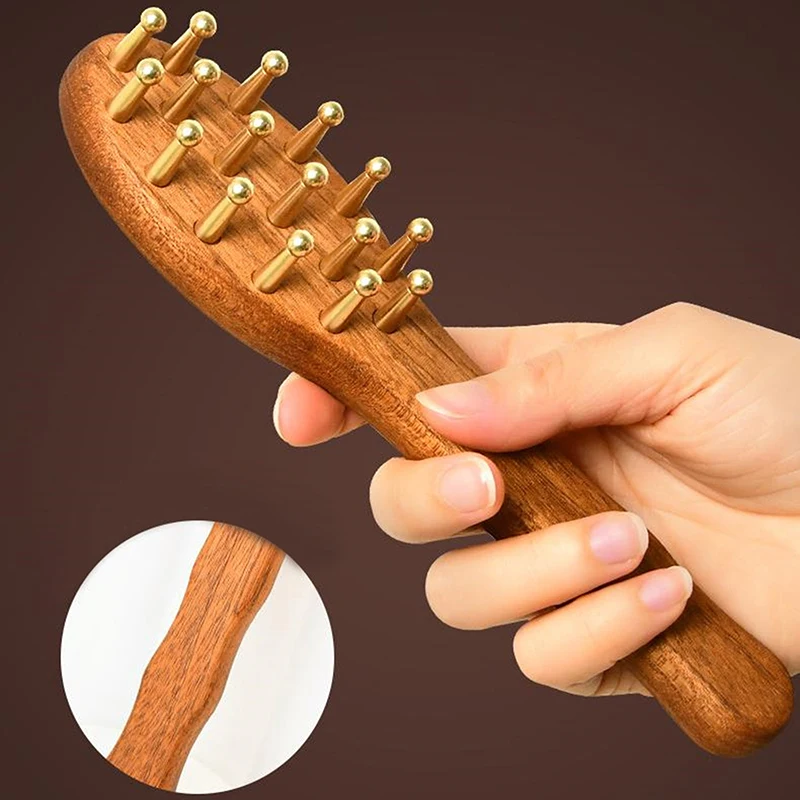 

Head Massage And Gua Sha Tool Brass Long Handled Massage Comb Scalp Head Meridian Comb Thickened Wide Gold Wire Sandalwood Comb