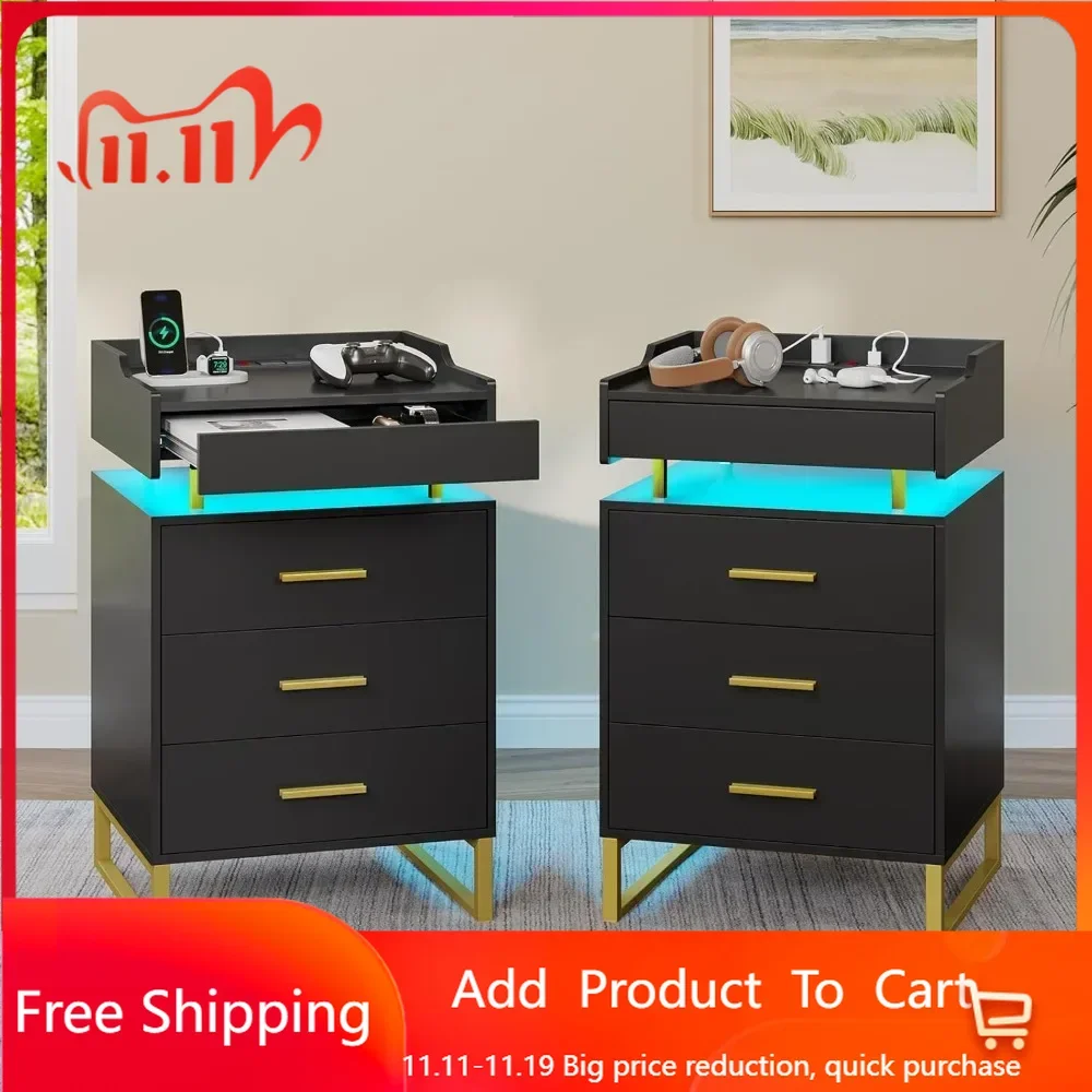 Nightstand Set of 2,End Table with Charging Station,LED Night Stand with Pull-Out Tray,Bedside Table with Drawers