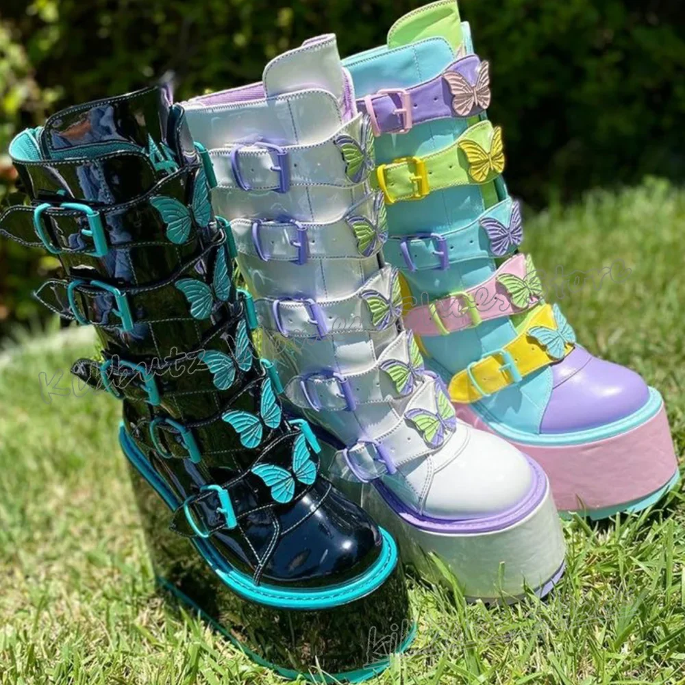 

Butterfly Knee High Boots Platform Belt Buckle Fashion Elegant Concise Sexy Hot Girls Shoes Newest Round Toe Height Increasing