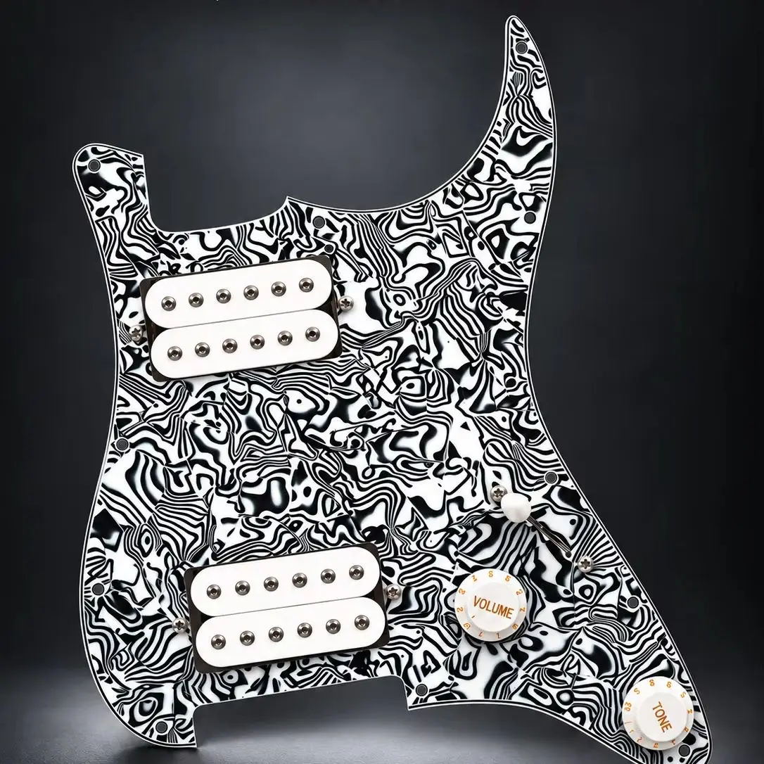 HH Prewired Pickguard Assembly for ST/SQ Style Electric Guitar Dual Humbucker 1V1T 3-Way Switch Black White Abstract
