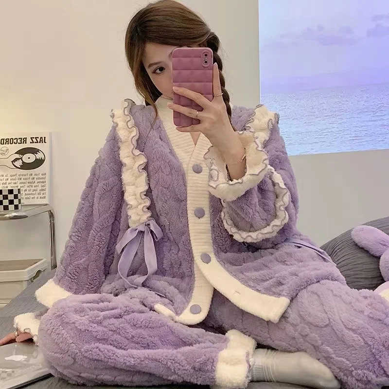 Coral Fleece Pajamas Sets for Women Winter Thick Warm Long-Sleeved Trousers Homewear 2 Pcs/lot Sleepwear